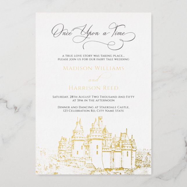 Castle Once Upon A Time Fairy Tale Wedding Gold Foil Invitation (Front)