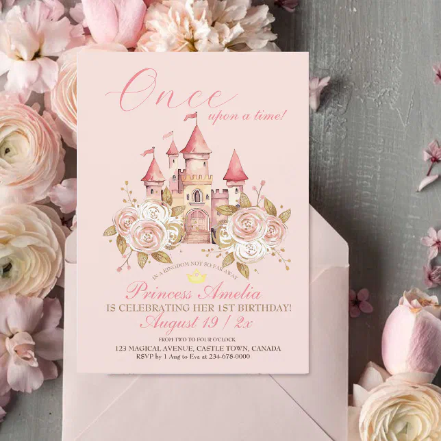 Castle pink rose Princess 1st Birthday Party Invitation | Zazzle