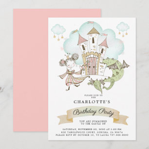 Castle Princess Dragon Girl's Pink Birthday Invitation