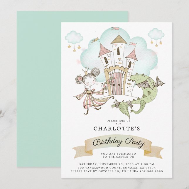 Castle Princess Dragon Girl's Pink Birthday Invitation (Front/Back)