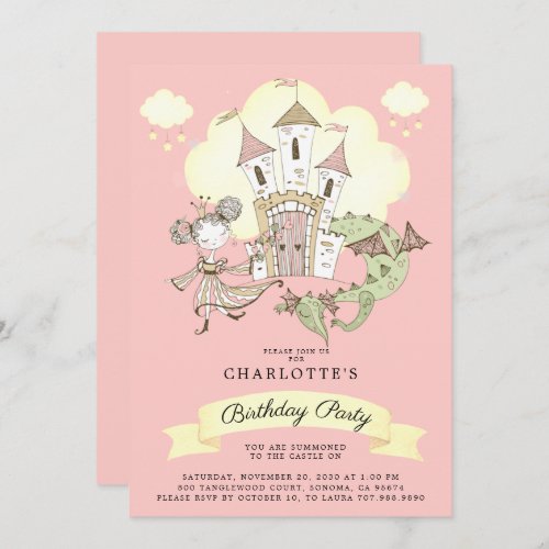 Castle Princess Dragon Girls Pink Birthday   Invitation