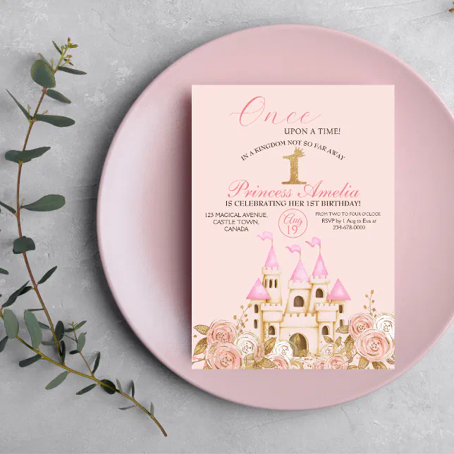 Castle Princess Pink and Gold 1st Birthday Party Invitation | Zazzle