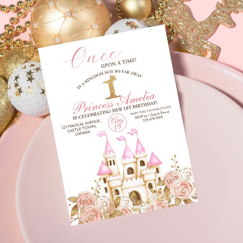  Castle Princess Pink and Gold 1st Birthday Party Invitation