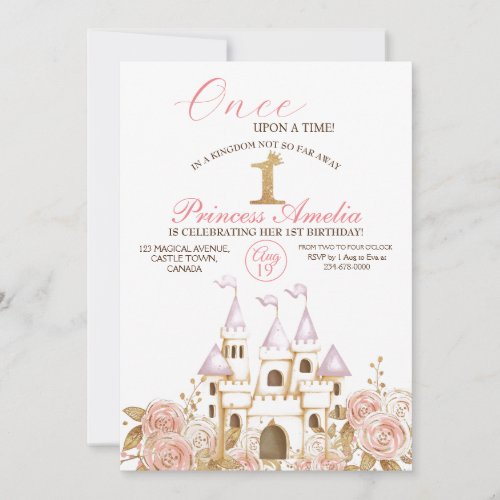  Castle Princess Pink and Gold 1st Birthday Party Invitation