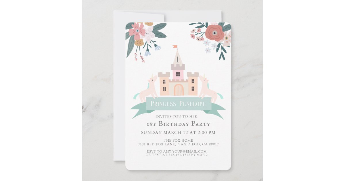 Castle Princess Unicorn Floral Girl 1st Birthday Invitation | Zazzle