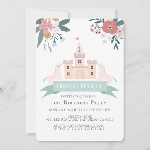 Castle Princess Unicorn Floral Girl 1st Birthday Invitation