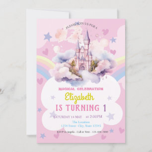 Castle Rainbow Hearts Stars Birthday Invitation