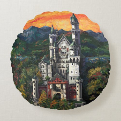 Castle Schloss Neuschwanstein Round Pillow