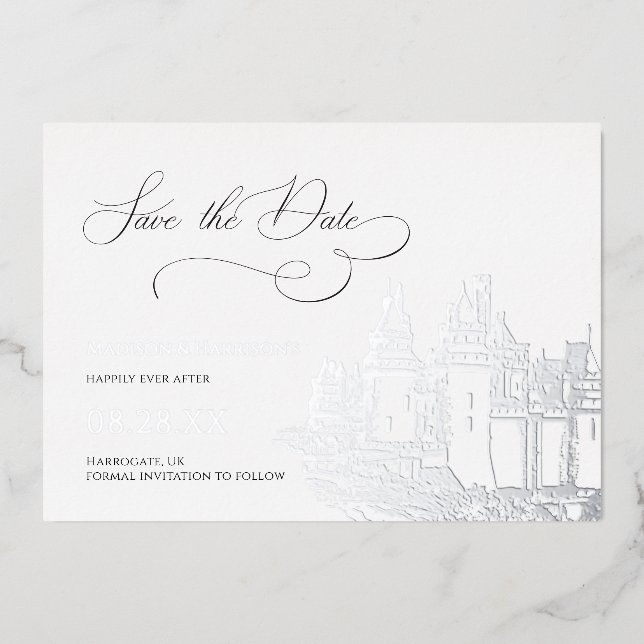 Castle Themed Save the Date Silver Foil Invitation (Front)