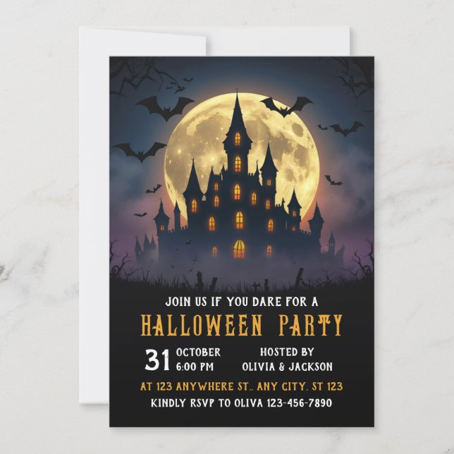 Castle With Full Moon, Night, Halloween Invitation (Front)