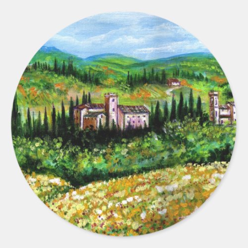 CASTLES IN CHIANTI LANDSCAPE YELLOW FLOWER FIELDS CLASSIC ROUND STICKER