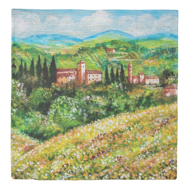 CASTLES IN CHIANTI LANDSCAPE ,YELLOW FLOWER FIELDS DUVET COVER (Front)
