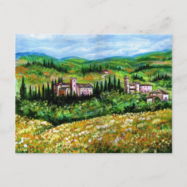 CASTLES IN CHIANTI LANDSCAPE ,YELLOW FLOWER FIELDS POSTCARD (Front)