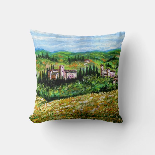CASTLES IN CHIANTI LANDSCAPE ,YELLOW FLOWER FIELDS THROW PILLOW (Front)