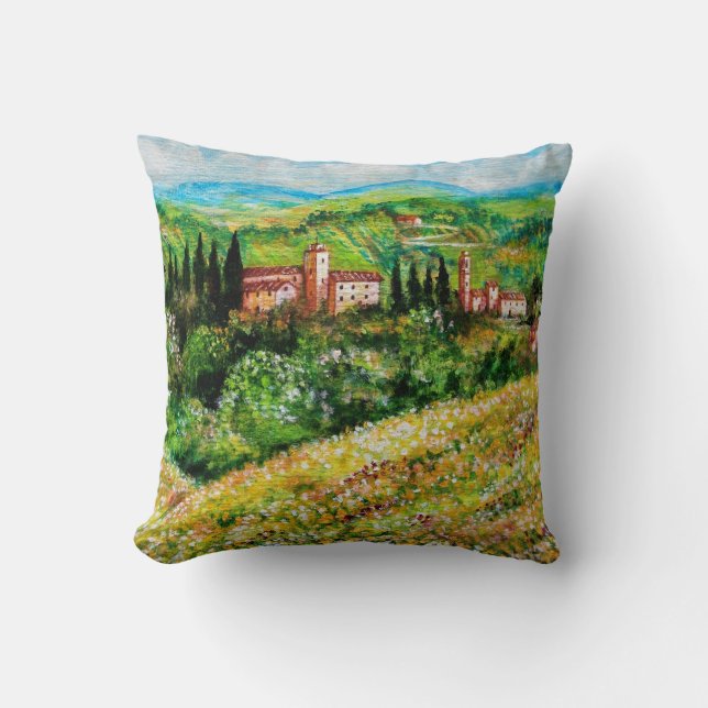 CASTLES IN CHIANTI LANDSCAPE ,YELLOW FLOWER FIELDS THROW PILLOW (Front)