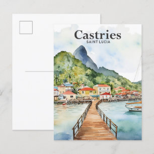 Castries Saint Lucia Watercolor Painting Travel Postcard