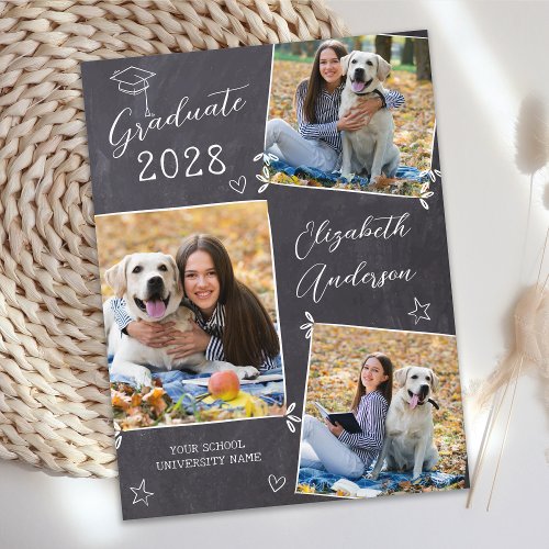 Casual 3 Photo Chalkboard Doodle Graduation Announcement Postcard