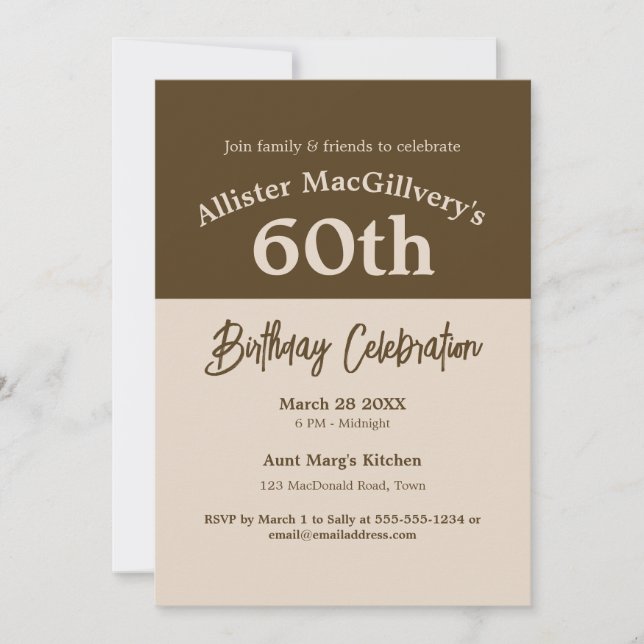 Casual 60th Birthday Invitation for Him - Brown (Front)