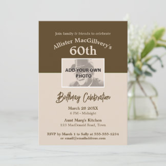 Casual 60th Birthday Invitation with Photo - Brown
