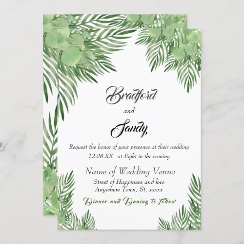 Casual Beach Wedding Green Eucalyptus Palm leaves Invitation