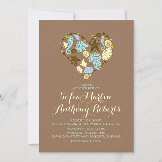 casual beach wedding invitation & sea heart (Front)