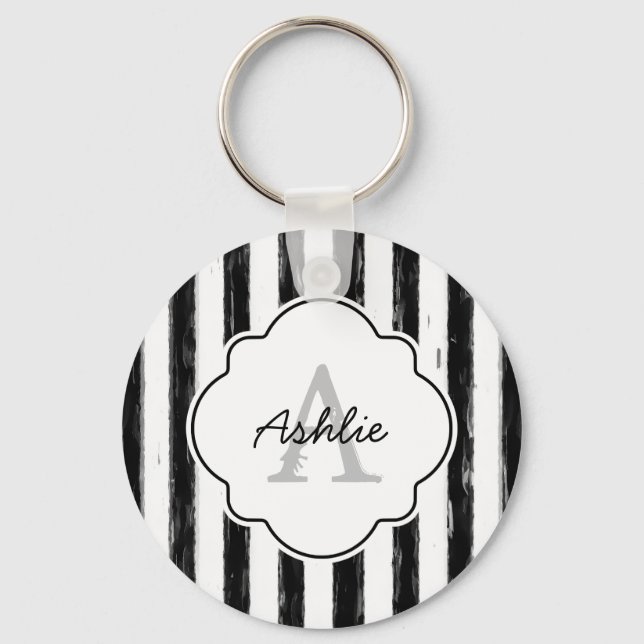 Casual Black Painted Stripes Monogram and Name Keychain (Front)