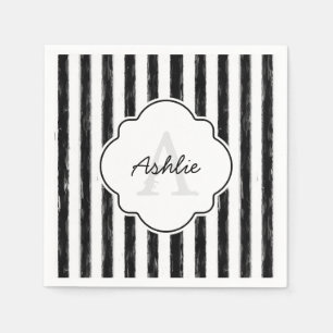 Casual Black Painted Stripes Monogram and Name Paper Napkins