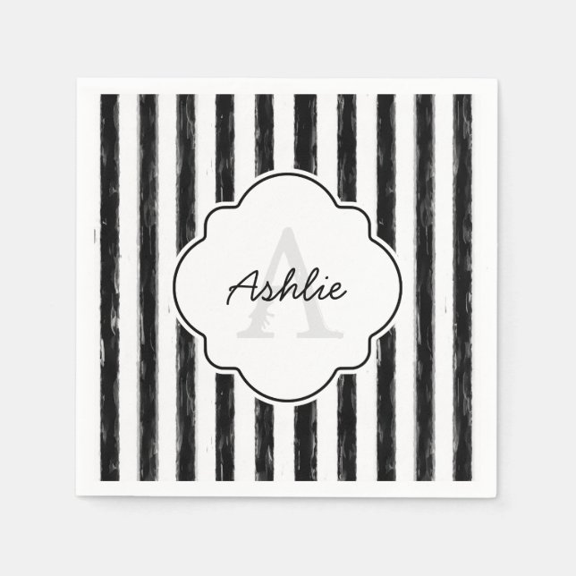 Casual Black Painted Stripes Monogram and Name Paper Napkins (Front)