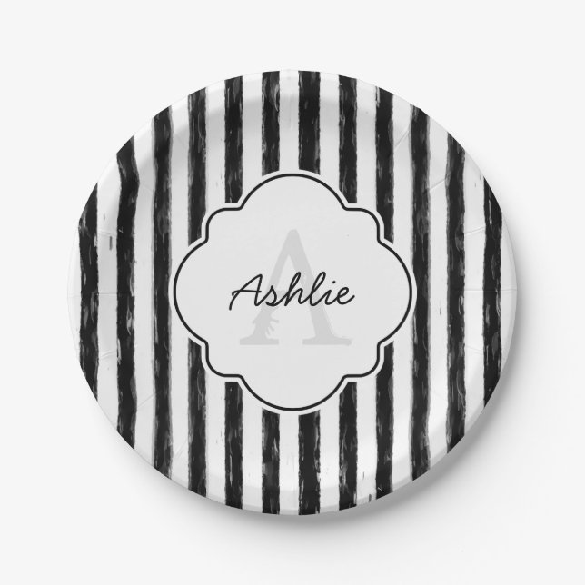 Casual Black Painted Stripes Monogram and Name Paper Plates (Front)
