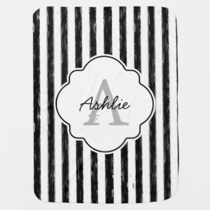 Casual Black Painted Stripes Monogram and Name Receiving Blanket