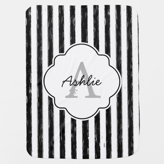 Casual Black Painted Stripes Monogram and Name Receiving Blanket (Front)