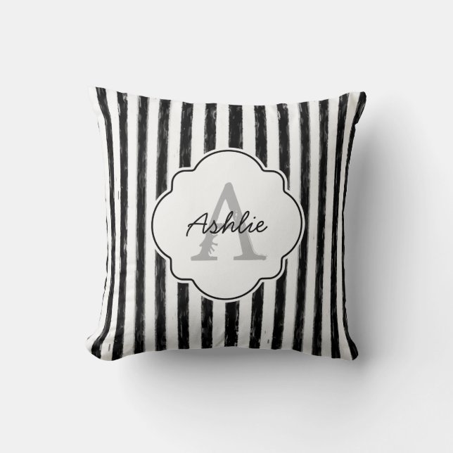 Casual Black Painted Stripes Monogram and Name Throw Pillow (Front)