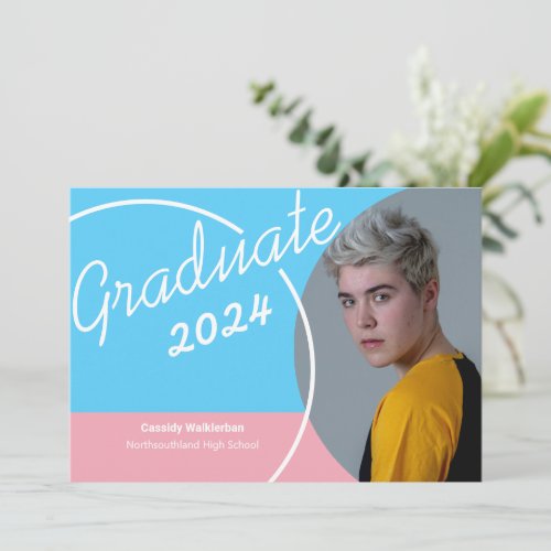 Casual Blue Pink White Photo Graduation Invitation