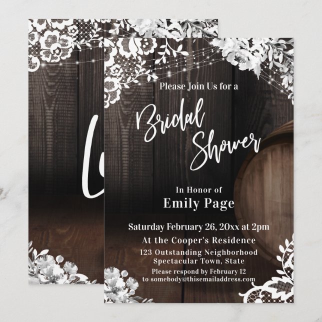 Casual Bridal Shower Barrel Lace Lights & Flowers Invitation (Front/Back)