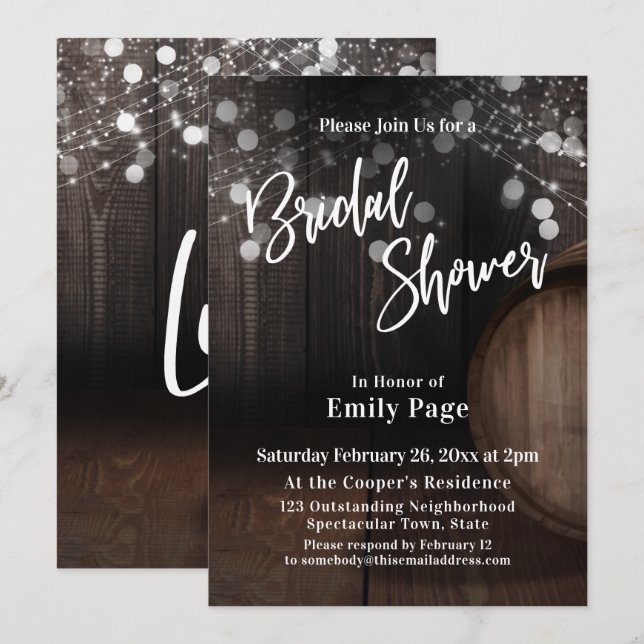 Casual Bridal Shower Typography Barrel & Lights Invitation (Front/Back)