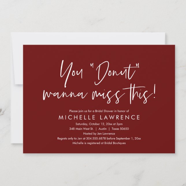 Casual Burgundy, Fun, Bridal Shower Donut Party Invitation (Front)