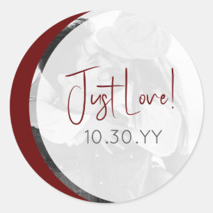 Casual Burgundy Just Love Wedding Photo Classic Round Sticker