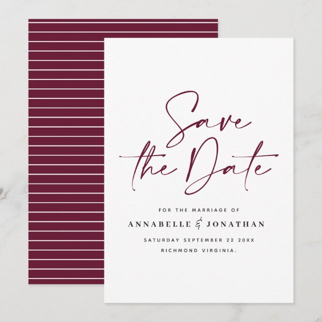 Casual burgundy mustard typography wedding save the date (Front/Back)