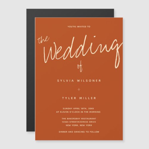 Casual Burnt Orange Typography Wedding Magnetic Invitation