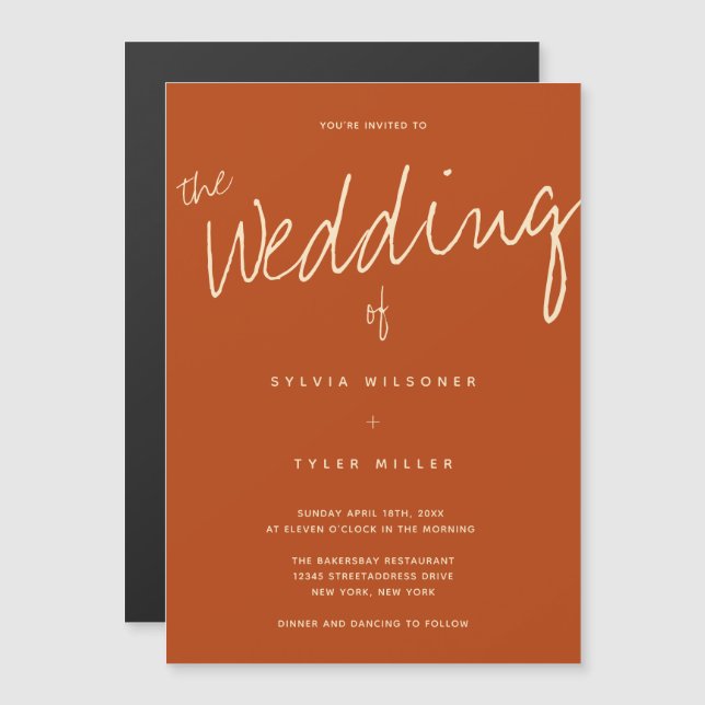 Casual Burnt Orange Typography Wedding Magnetic Invitation (Front/Back)
