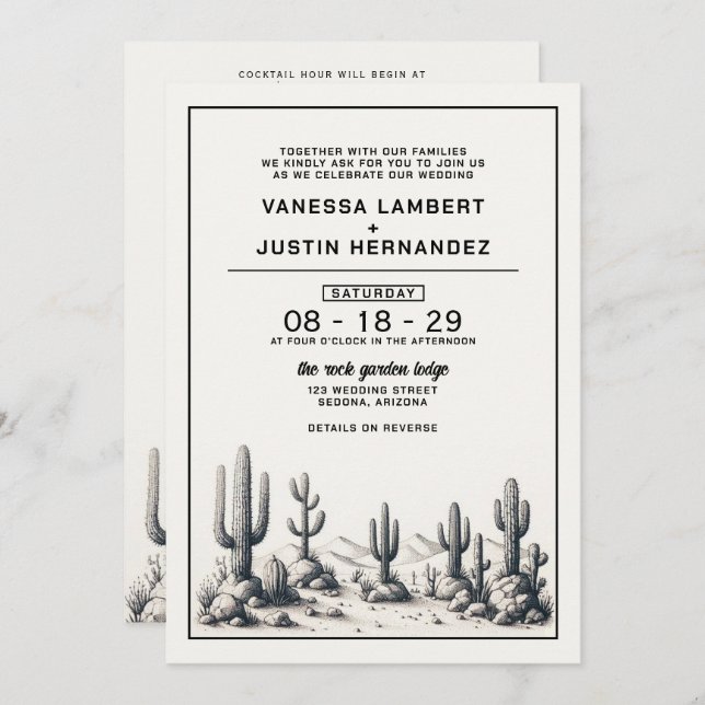 Casual Cactus Wedding with QR Code & Details Invitation (Front/Back)