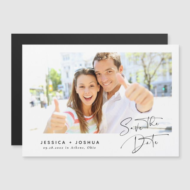 Casual Calligraphy Minimalist Photo Save the Date Magnetic Invitation (Front/Back)