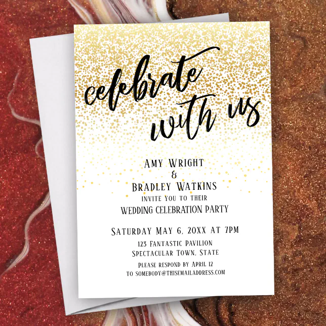 Casual Celebrate with Us Gold Confetti Reception Invitation | Zazzle