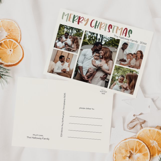 Casual Colorful Christmas Five Photo Holiday Postcard (Creator Uploaded)
