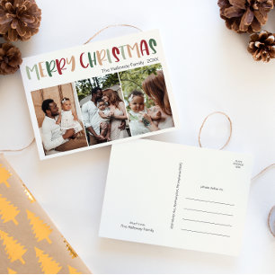 Casual Colorful Christmas Three Photo Holiday Postcard