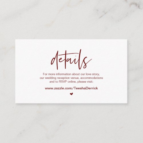 Casual elegance Burgundy font  Wedding Details Enclosure Card