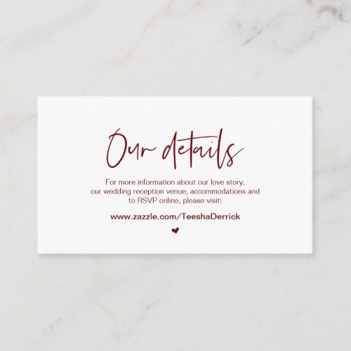 Casual elegance Burgundy font  Wedding Details Enclosure Card