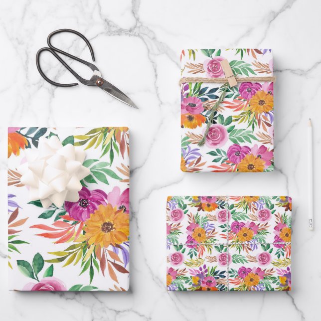 Casual Elegance Purple Roses Yellow Flowers Floral Wrapping Paper Sheets (Front)