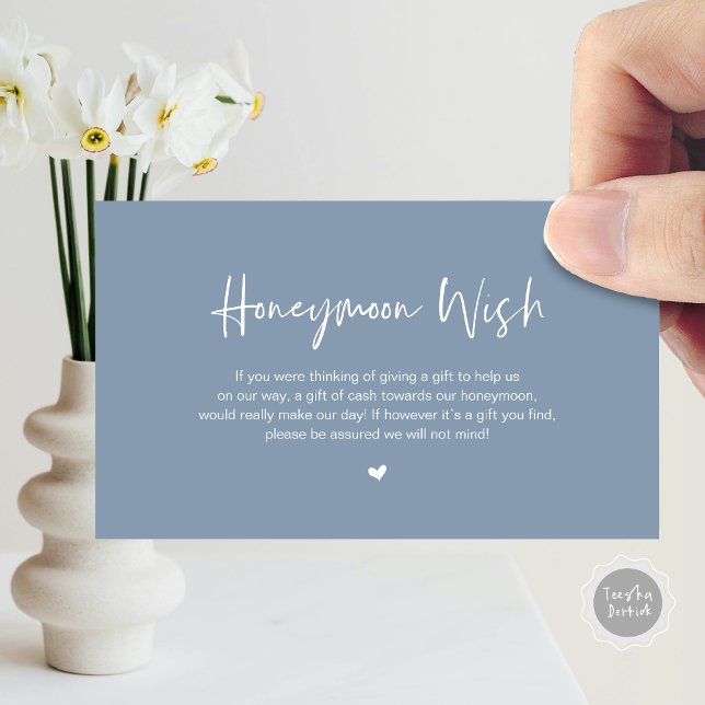 Casual Elegance Wedding Honeymoon Wish Enclosure Card (Honeymoon Wish Enclosure Card, in Modern minimal, casual elegance script, cash fund, in dusty blue)