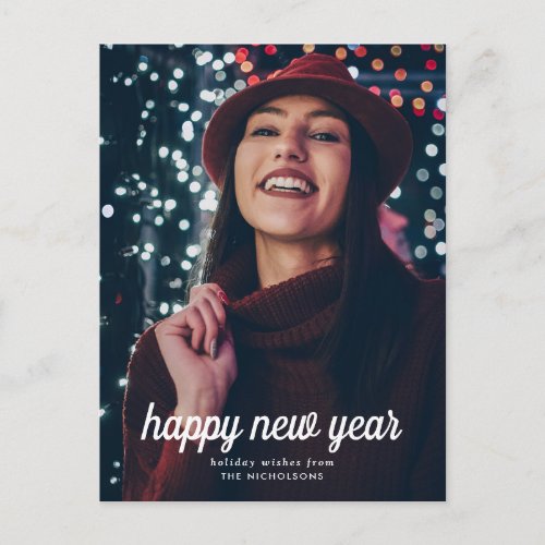 Casual Elegant Happy New Year Script Photo Postcard